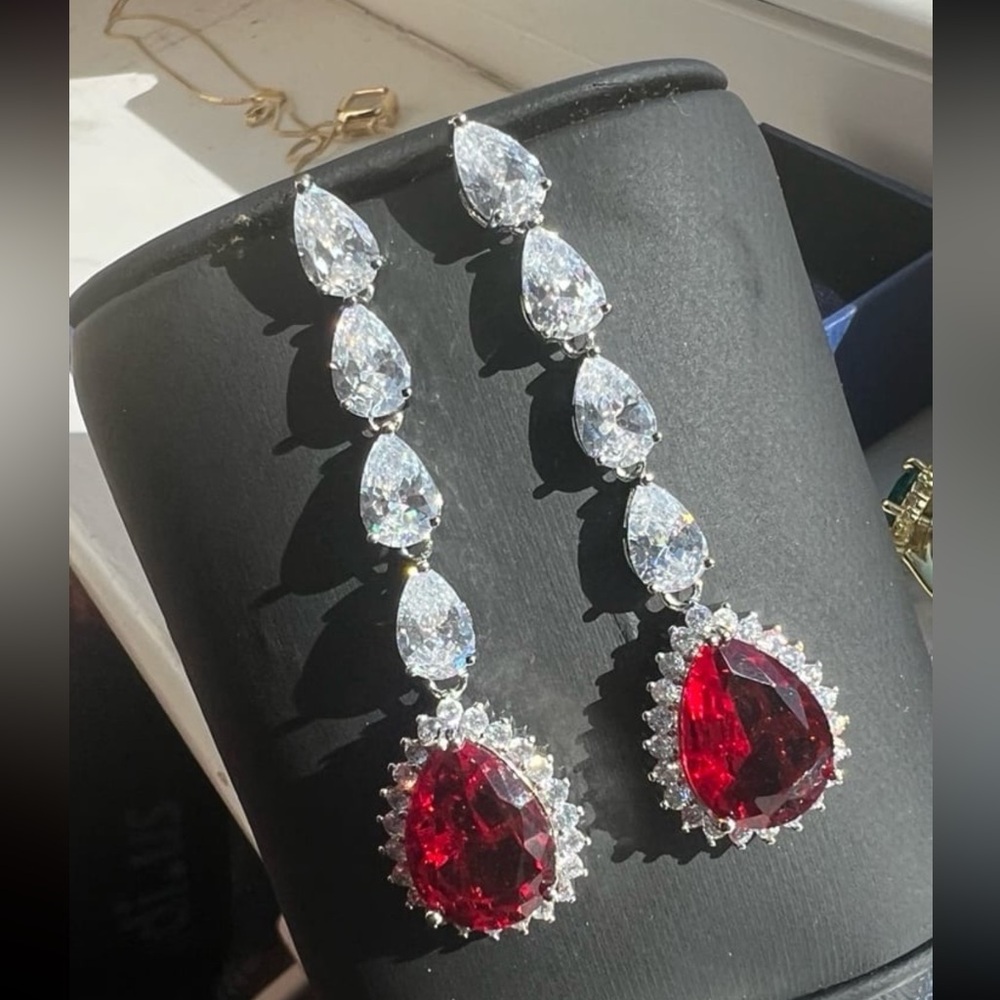 4.2ct Ruby Oval Cut Dangle Swarovski Elements Ear… - image 2